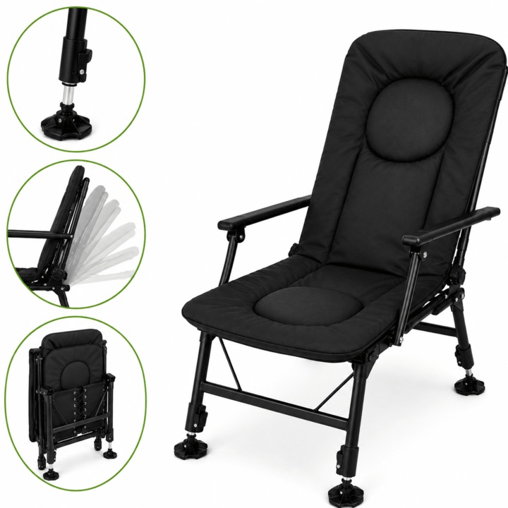 Scaun Pescuit Pliabil Profesional, Spatar Reglabil, Picioare Ajustabile, Sezut Moale Captusit, Cadru Solid din Otel, Stabil pe Teren Denivelat, 120 kg, 96 x 74 x 62 cm, Negru