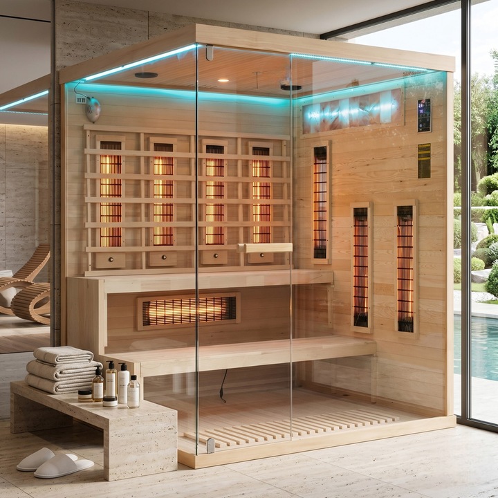 Sauna cu infrarosu, cromoterapie si piatra sarata 4 persoane EA4RS dreapta 180 x 160 x 200 cm, Panou sare Himalaya, inizator, iluminare in 7 culori, sistem audio cu Bluetooth si radio, panou de control, incalzitoare 8 cu cuart + 1 pe carbon pentru podea
