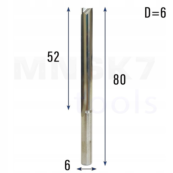 Freza dreapta pentru lemn 2P CNC VHM, 2 muchii VHM HRC 45, pentru MDF/HDF si lemn dur/moale, Metalic, O6 mm x 52 mm x 80 mm