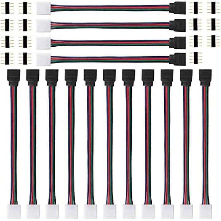 Kit conectori LED 5050 RGB, 4 pini, cabluri 17 cm, rezistent la apa, pentru banda 10 mm latime, multicolor, set 15 cabluri + 15 conectori (30 buc)
