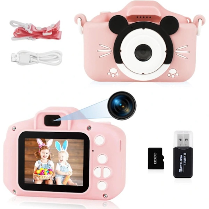 Camera foto pentru copii X6s, 20MP, video 1080p HD, card microSD 32GB inclus, carcasa silicon rezistenta la socuri, roz, 1 buc