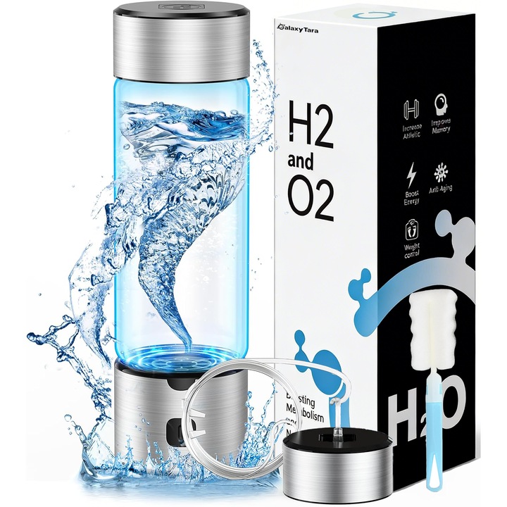 Sticla de apa cu hidrogen, GalaxyTara®, tehnologie SPE/PEM 2800ppb, electroliza rapida in 3 minute, hidrogen inhalabil, ideala pentru acasa, birou, fitness si hidratare zilnica, Sticla filtranta Ionizare 0.4 l