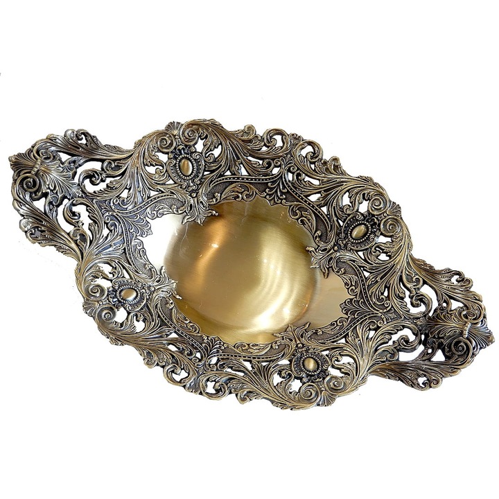 Fructiera decorativa cu manere, metal cu finisaj alama antichizata, stil baroc, 35 x 20.5 x 7 cm