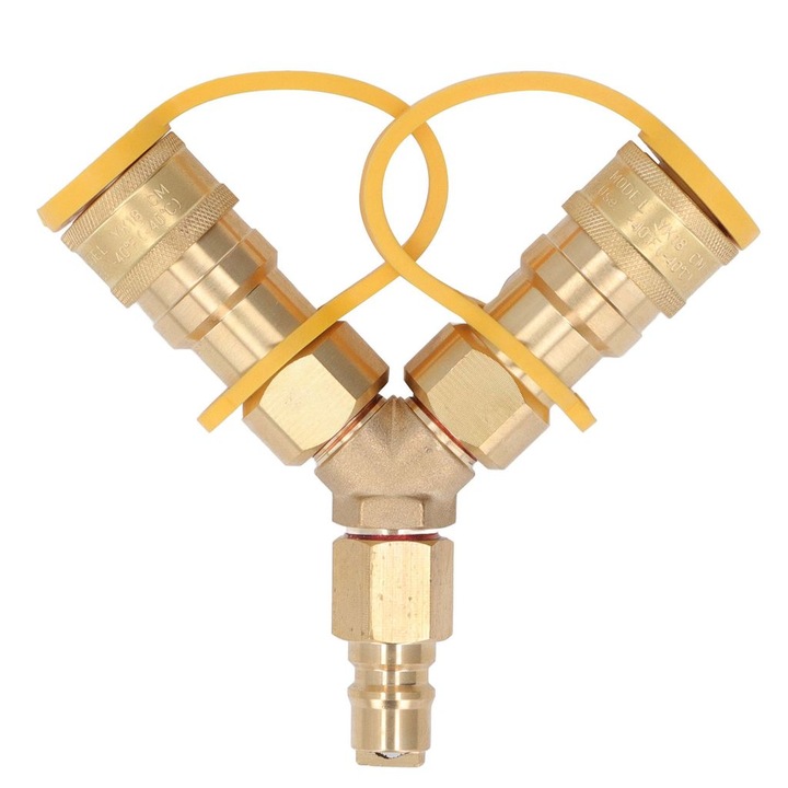 Y-elosztó gázhoz 3/8 inch, sárgarézből, gyorscsatlakozóval (quick-connect), 2 készülékhez (földgáz/PB-gáz), arany, 1 db