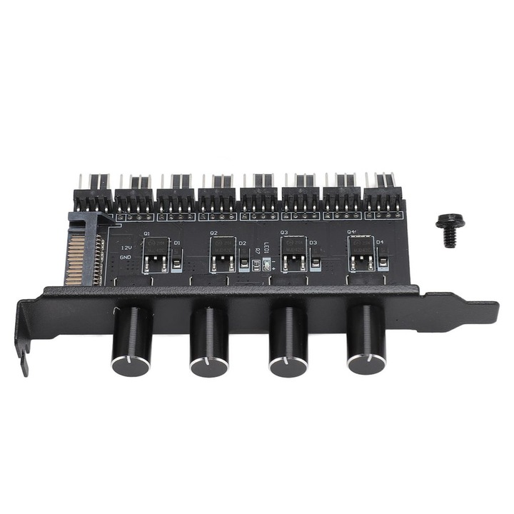 PC ventilátor sebességszabályzó, 8 csatornás, 4 forgatógombos, fém-műanyag, 12V, SATA, PCI slot