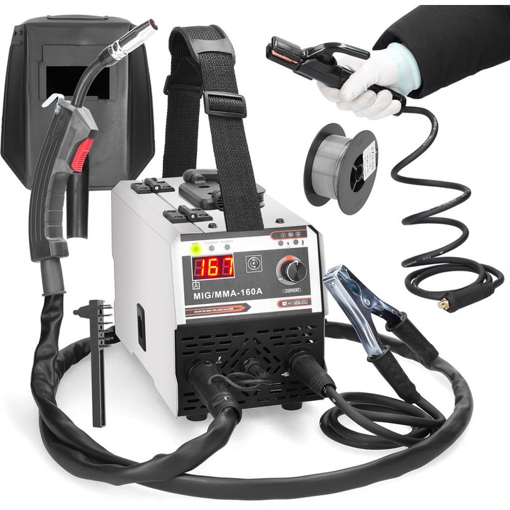 MIG/MMA hegesztőgép MIG/MMA-160A, IGBT DC inverter, beépített huzalelőtoló szabályozással, CO2 védelem és kézi üzemmód, 20-120 A, 220 V, fehér/fekete, 1 db