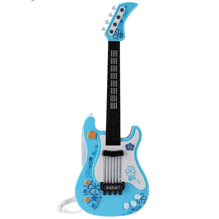 Játék basszusgitár, multifunkcionális hangszer gyerekeknek, ABS-ből, 4 állathang/8 klasszikus dal és 4 ritmus, térhatású hangszóró és villogó fény, kék, 1 db