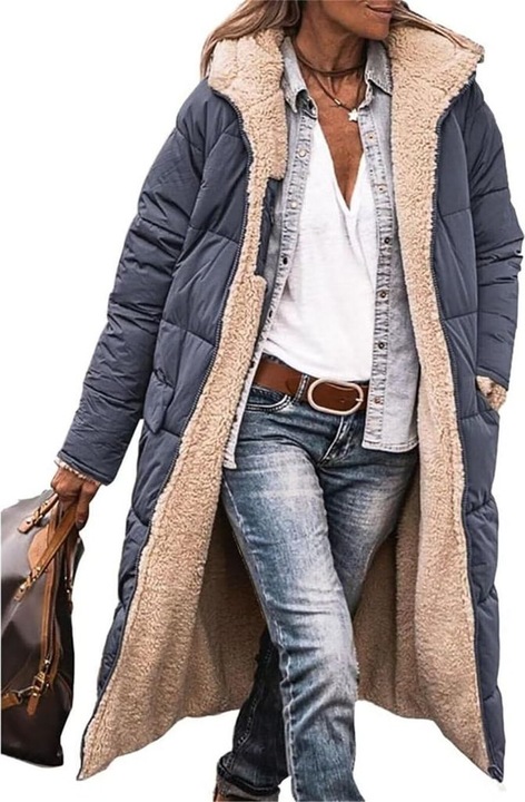 Geaca lunga din fleece, reversibila, cu gluga, gri inchis, pentru femei