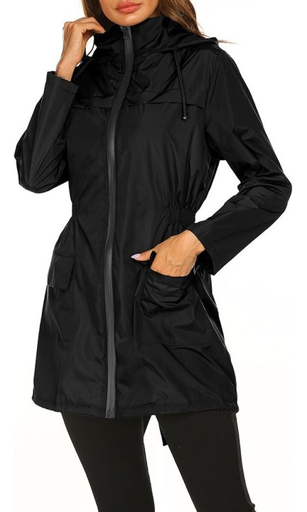 Jacheta de ploaie pentru femei, impermeabila, usoara, cu gluga, neagra, din poliester, 2XL INTL