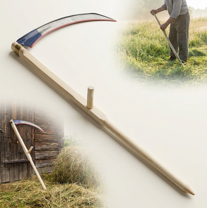 Kézi kasza / fűkasza PEEWIT, komplett készlet 60 cm-es fém pengével, oldalsó fogantyúval a vezérléshez, üzemanyag nélkül működik, természetes fa, 1 szett, kasza hossza 175 cm