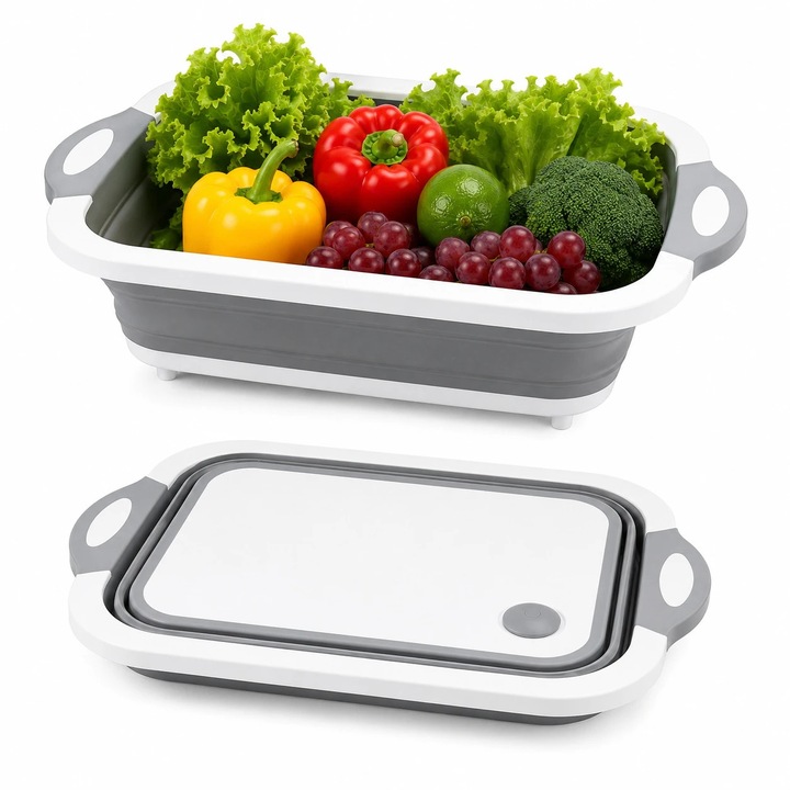 Tocator pliabil 3 in 1 pentru bucatarie si camping, bol multifunctional cu cos de scurgere, ideal pentru legume, fructe, picnic si gratar