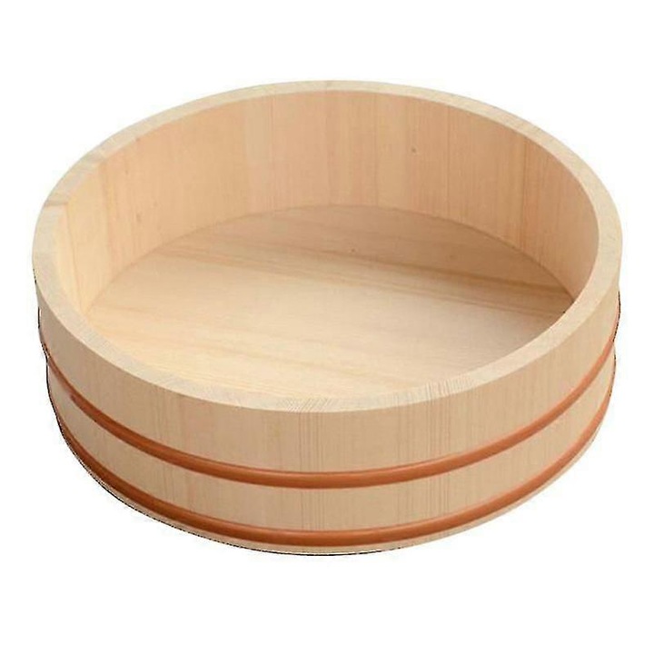 Recipient pentru orez, castron pentru sushi din lemn, cu inel din cupru, practic si durabil, kaki, 27x27x7.5 cm