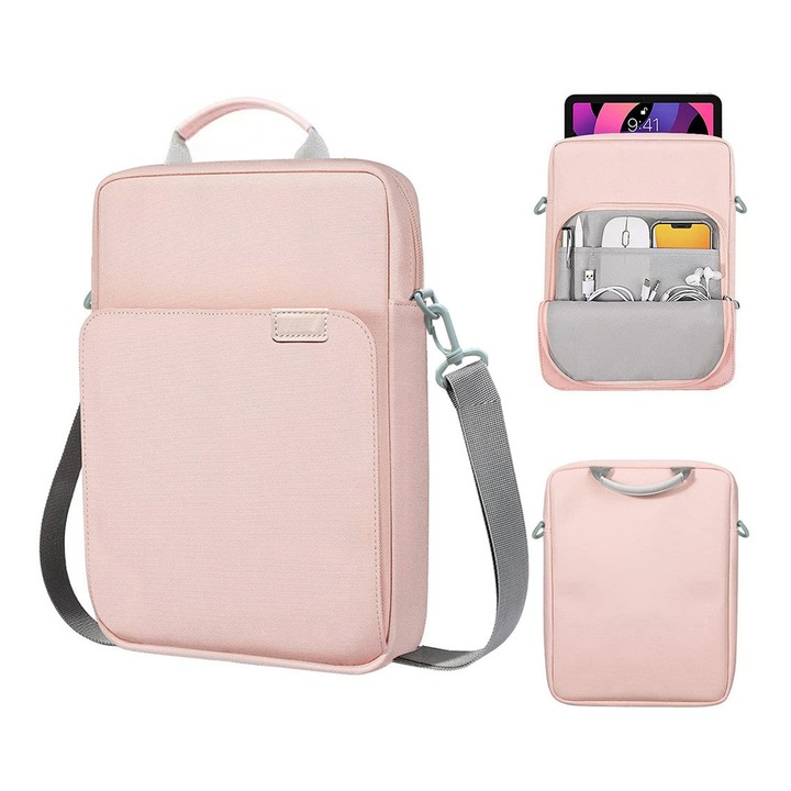 Geanta tableta 9-11″, AFKSMILE, Husa pentru 11 inch universala tableta, Cu maner, Design cu mai multe buzunare, Protectie interna de catifea, Impermeabil si rezistent la uzura, Compacta si portabila, Nailon, 22*4*31cm, Roz