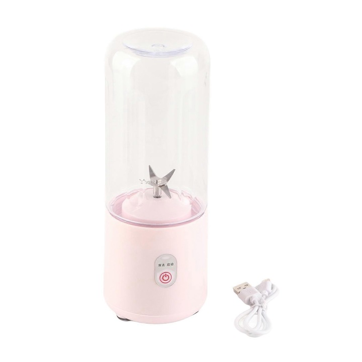Hordozható turmixgép/mini USB gyümölcscentrifuga, újratölthető 1200mAh, 6 rozsdamentes acél penge, gyümölcsökhöz és zöldségekhez, rózsaszín, 500ml