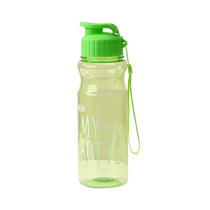 Bidon sport, sticla de apa reutilizabila fara BPA din plastic, cu capac flip etans si curea de transport, Verde transparent, 700ml