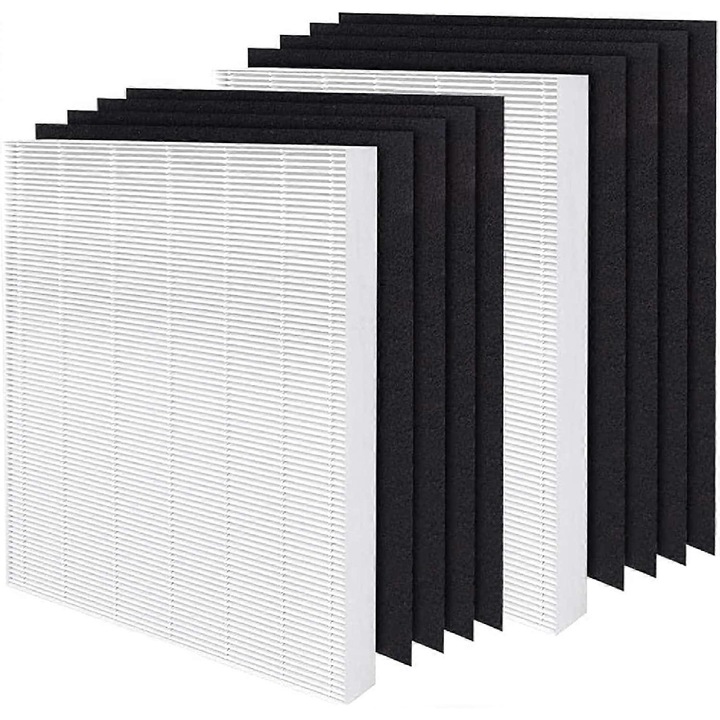 Set filtre HEPA si prefiltre din carbon 115115, compatibile cu purificatoare Winix 5300/5300-2/6300/6300-2/P300/C535, True HEPA, capteaza polen/praf/mucegai/par de animale si fum, dimensiuni HEPA 16.34x12.60x1.18 in, alb/negru, 2 HEPA + 8 prefiltre