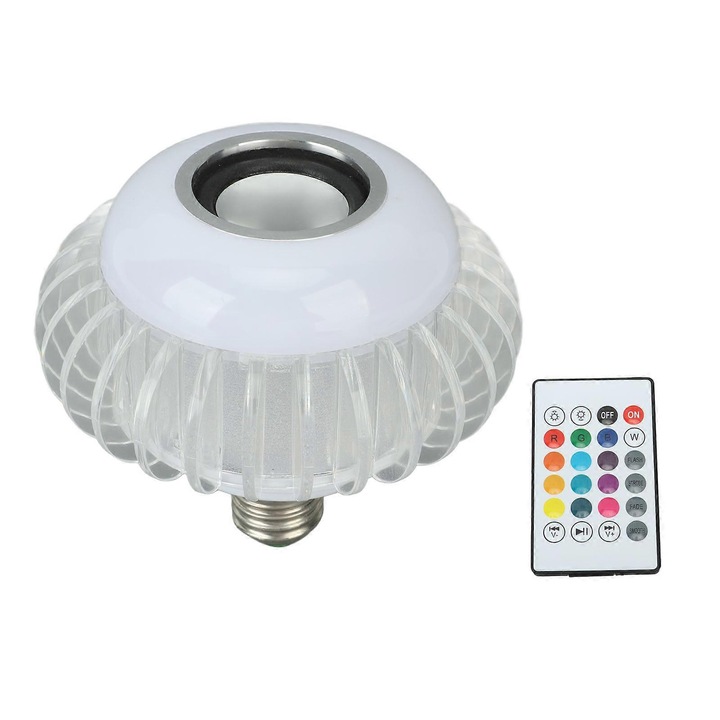 Bec LED smart E27, lampa cu difuzor Bluetooth, RGB schimbare culoare, telecomanda 24 taste, Multicolor, 1 buc