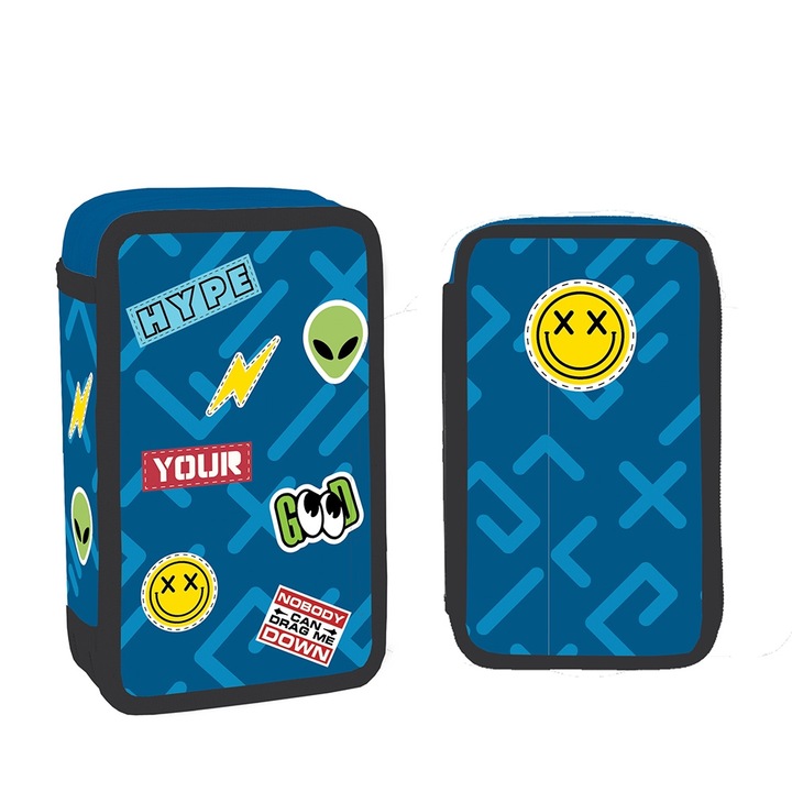 Penar scolar echipat pentru baieti, S-Cool, model Hype Stickers / Alien, 2 compartimente cu fermoar, 29 piese, Albastru/Negru