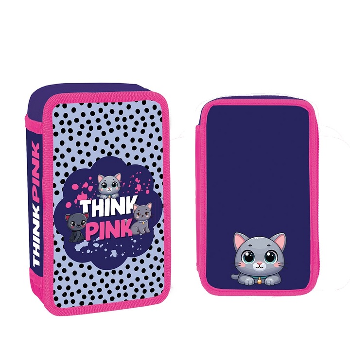 Penar scolar echipat pentru fete, Ars Una, model Think Pink Cat, cu margini roz, 2 compartimente cu fermoar, 29 piese, Mov/Bleomaren
