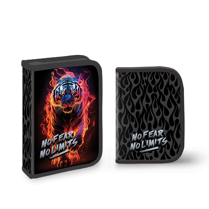 Penar scolar echipat pentru baieti, S-Cool, model Tiger Fire No Fear, 1 fermoar cu 2 extensii, 32 piese, Negru