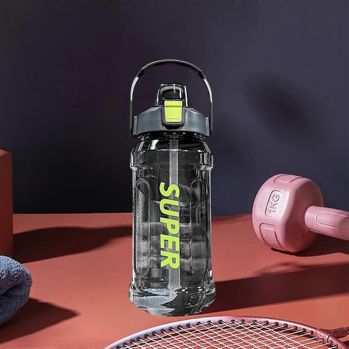 Sticla sport / bidon plastic 2L (2000ml), anti-scurgeri, rezistent la socuri, fara BPA, cu pai si maner convertibil in suport telefon, marcaje volum, negru, 1 buc