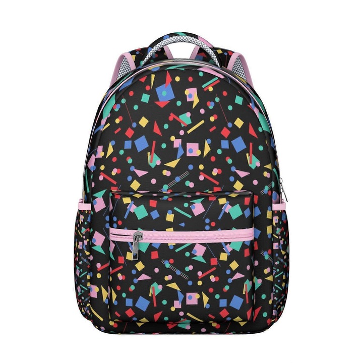 Textil hátizsák, geometrikus mintázatú textúrával, párnázott laptoptartó rekesz 15.6"-os laptopokhoz, több zsebbel a rendszerezéshez, Fekete többszínű