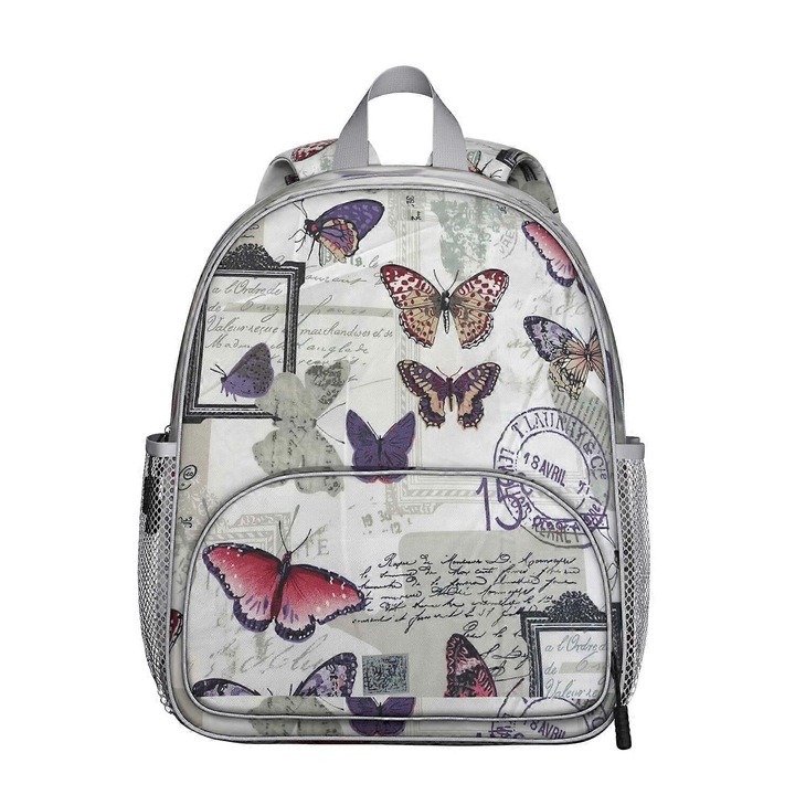 Rucsac scolar din panza, impermeabil, ergonomic cu spate captusit si buzunare laterale, model Fluturi, Alb cu imprimeu multicolor, M
