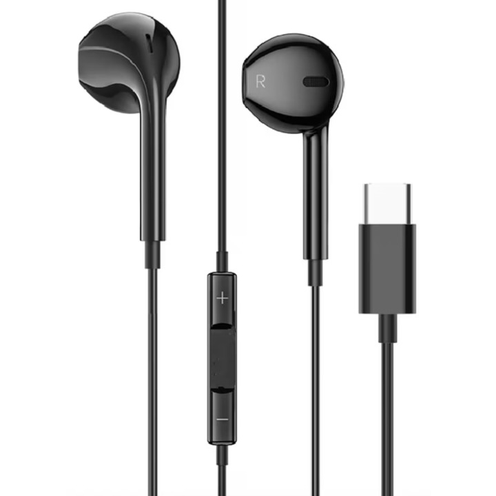 Casti cu Fir, compatibile cu iPhone 15/16/17, Mufa Type-C, 1m, Microfon integrat si Butoane de control, Negru