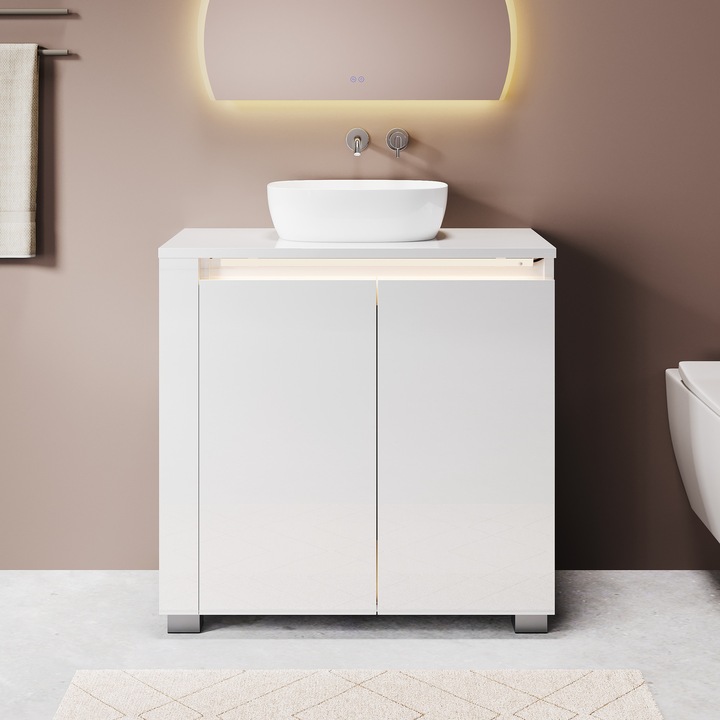 SONNI Dulap baie pentru lavoar pe blat, cu LED senzor, finisaj UV lucios, montaj pe pardoseala, 60x60x30 cm