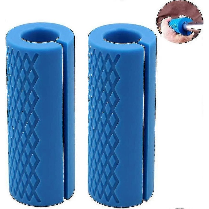 Set 2 bucati, Manere pentru haltere, adaptoare prindere bara groase, din silicon 100% sigur pentru piele, cu model diamant anti-alunecare, 4 inch x 2 inch x 1 inch, Albastru