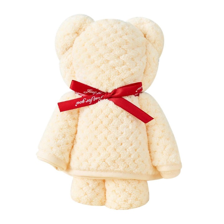 Prosop de mana/laveta ursulet, din fleece 100%, super moale, foarte absorbant si cu uscare rapida, bej, 1 buc