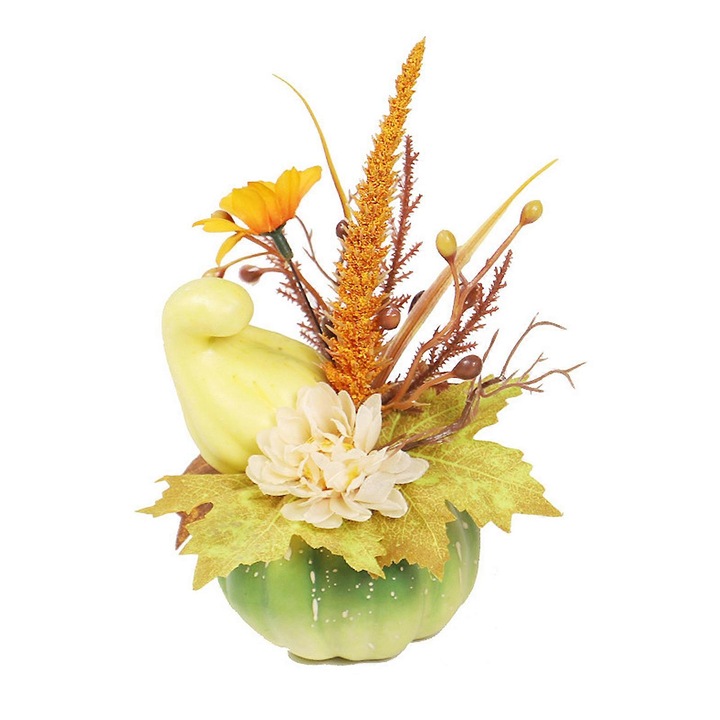Dovleac decorativ ornament de toamna realist, din spuma, cu frunze de artar, boabe si conuri de pin, multicolor, 21 x 10 cm, 1 buc
