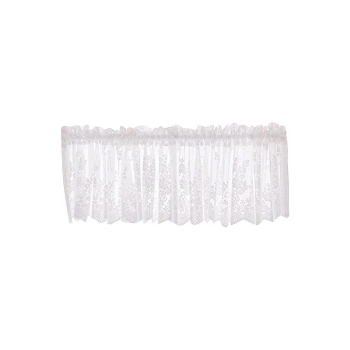Fehér csipke valance függöny, virágmintás hímzéssel, félig átlátszó, 140x40cm