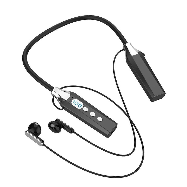 Casti wireless cu banda la gat, cu afisaj digital, bluetooth 5.3, lumina rgb cu efect gradient, sunet 9d cu bas puternic, autonomie 100 ore redare/200 ore standby, rezistente la transpiratie, negru, 1 buc