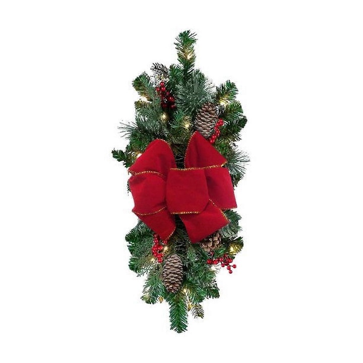 Ghirlanda de Craciun, decoratiune tip lacrima cu LED, cu panglica rosie, conuri si boabe decorative, alimentare 2 x AA (baterii neincluse), Multicolor, 45 cm, 1 buc