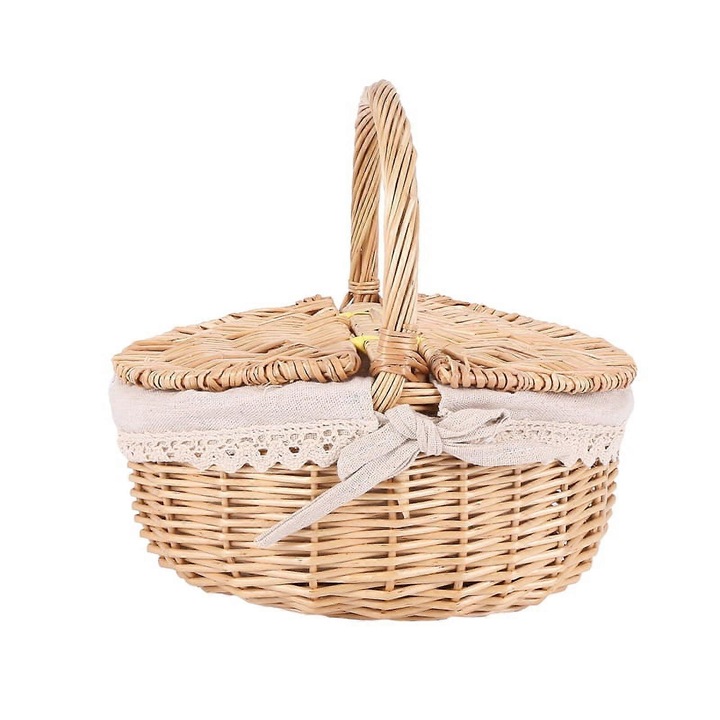 Rattan piknik kosár és in, dupla fedél, pamut bélés, 26x18x25cm, fa szín