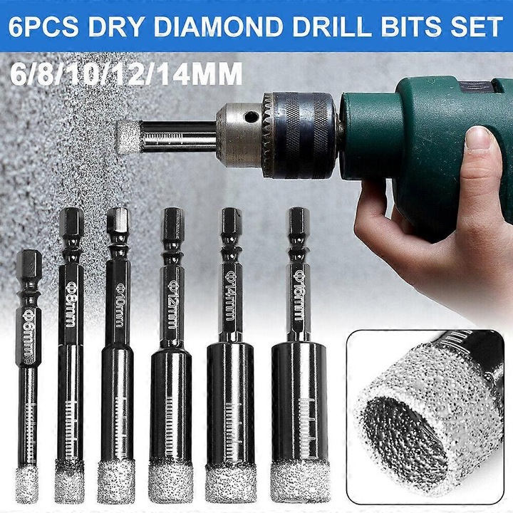 Set 6 bucati burghie diamantate, brazate pentru foraj uscat, pentru granit, marmura si ceramica, 6/8/10/12/14/16 mm, argintiu
