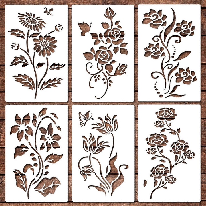 Sabloane flori mari pentru pictura, set 6 buc, reutilizabile, 28x18x0.3cm, multicolor