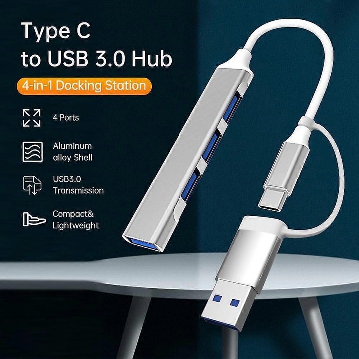 USB 3.0 elosztó 4 portos C típusú, alumínium, 11.5x6.5x1.6cm