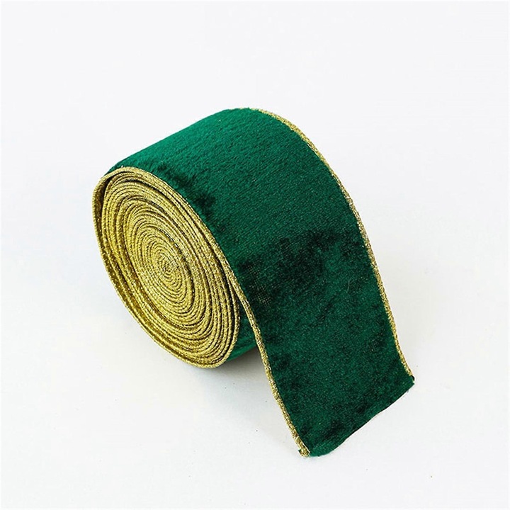 Panglica decorativa, banda din catifea presata, margini cu sarma aurii, 2.5 inch (6.3 cm) latime, 6.5ft (2 m) lungime continua, verde/auriu, 1 rola