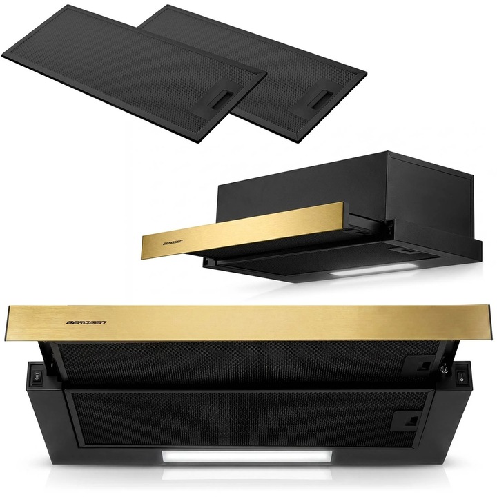 Hota Incorporabila Telescopica Berdsen, 60 cm, Debit 200 m3/h, Motor 40W, 2 Trepte Viteza, 2 Filtre Aluminiu Lavabile, Iluminare LED 4000K, Evacuare si Recirculare, Negru Mat