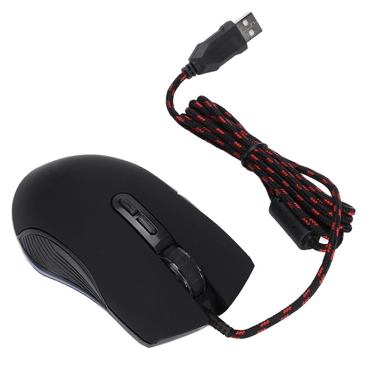 Mouse/maus gaming optic, ergonomic, rgb, 4 niveluri DPI (800/1600/2400/3200), plug-and-play, suprafata soft-touch, cablu usb impletit, negru, 1 buc
