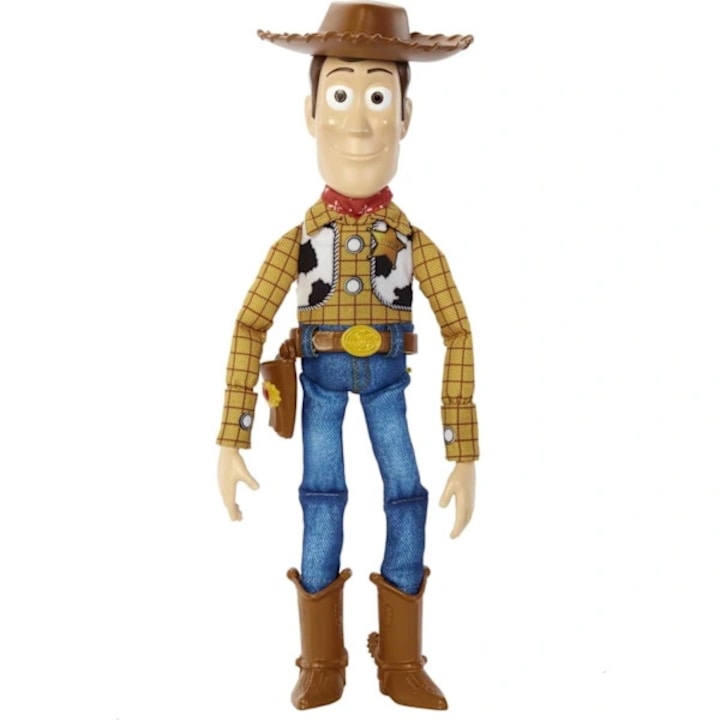 Gyűjthető figura, Woody játék a Toy Story-ból, több mint 30 hanggal és mondattal beszélő, puha test textil ruhákkal és formázott műanyag kalappal, többszínű, 30 cm