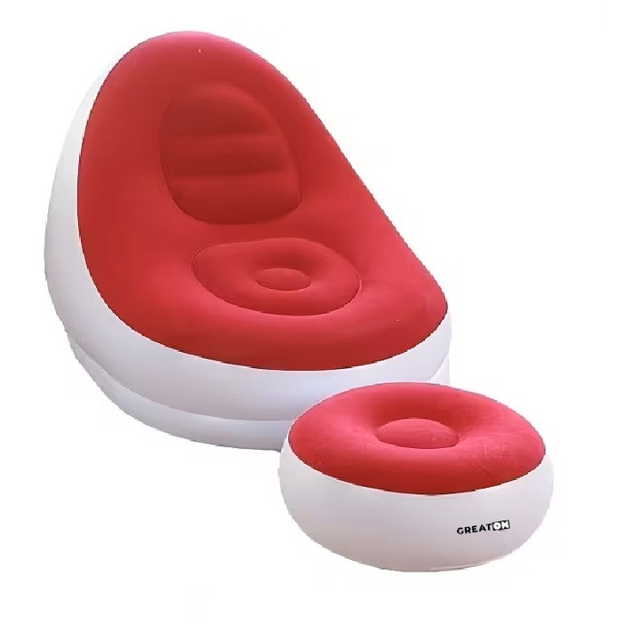 Set Fotoliu Gonflabil cu Taburet GREATON, PVC Catifelat, Pompa Inclusa, Rezistent la Apa, Interior/Exterior, Dimensiune Fotoliu 116x98x83 cm, Culoare Rosu si Alb