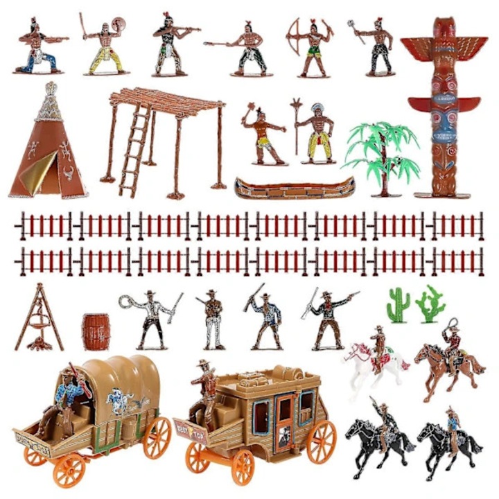 Set figurine cowboy si indienii americani, plastic, multicolor, 11x7.5x7.5cm