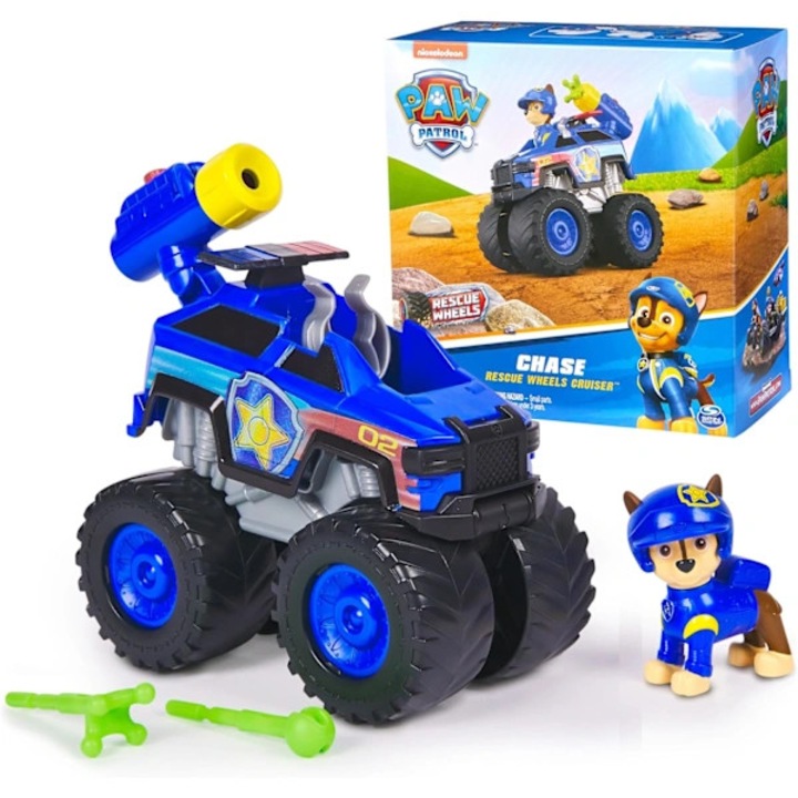 Masinuta de jucarie Rescue Wheels, figurina Chase, lansator proiectile, multicolor, 1 vehicul x 1 figurina x 2 proiectile