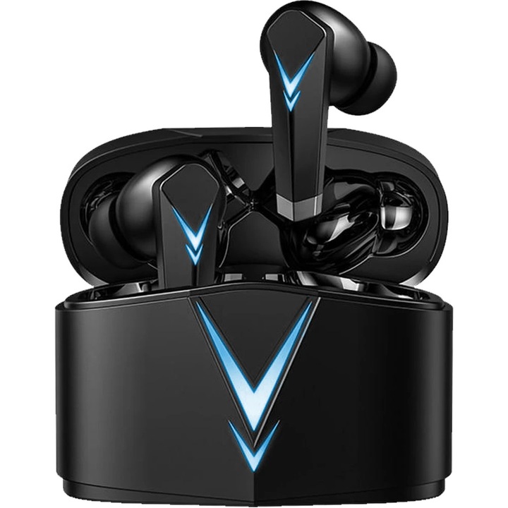 Casti wireless in-ear BEARWIN Gaming, Bluetooth 5.3, cu microfon si controale tactile, suport asistent vocal, compatibile universale, Negru, 1 pereche