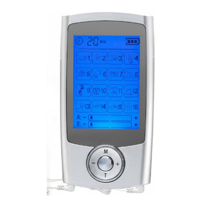 BEARWIN izom elektrostimulátor, TENS készülék, 16 mód, 20 intenzitási szint, független A/B kettős csatornák, 14 mellékelt elektróda, ezüst, 1 db