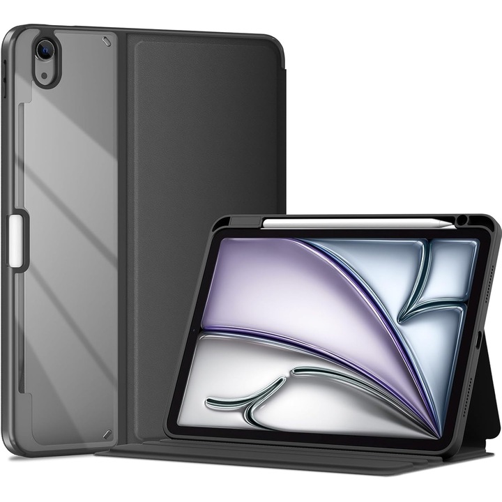 BEARWIN ProCase Smart tok iPad Air 11-hez (M4/M3/M2 2026/2025/2024, Air 5/4 2022/2020), ütésálló, átlátszó kemény hátlap, ceruzatartó vezeték nélküli töltéssel, TPU keret és PU bőr, állítható szögek 3 pozícióban, fekete, 1 db