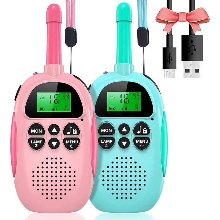 BEARWIN Készlet 2 darab, Walkie-talkie / rádióállomás gyerekeknek, újratölthető Li-Po akkumulátorral, 22 csatorna, 99 CTCSS/DCS al-kód, hosszú hatótávolság akár 3 mérföldig, rózsaszín/türkiz